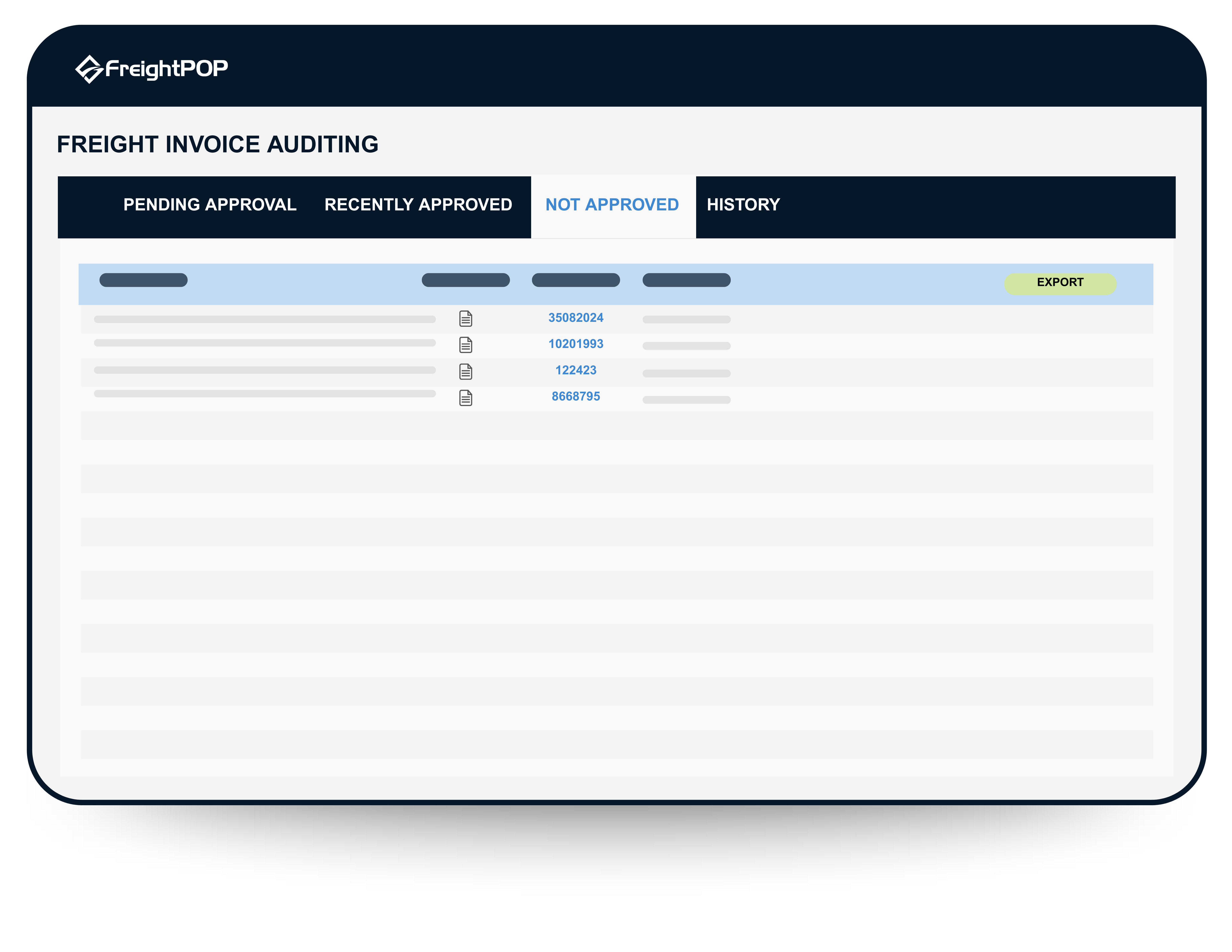 Illustrative mockup of FreightPOP's freight invoice auditing tool