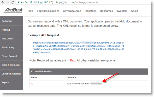 ArcBest API Key Screen