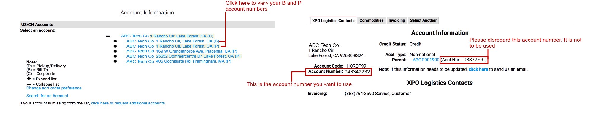 XPO B and P account numbers